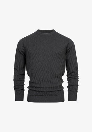 Donkergrijze gebreide trui met een visgraatpatroon, ronde halslijn en geribde manchetten en onderkant voor extra textuur en detail.