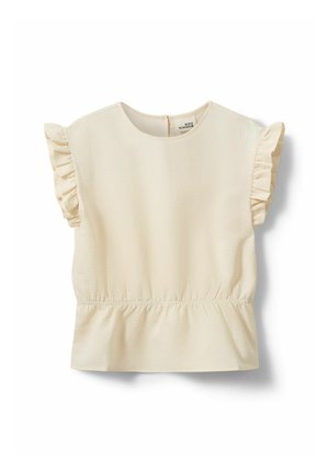 Blusa color crema con maniche corte arricciate e vita arricciata, realizzata in tessuto strutturato, vista frontale su sfondo bianco.