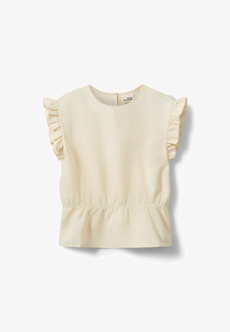Blouse couleur crème avec manches courtes à volants et taille froncée, fabriquée en tissu texturé, vue de face sur fond blanc.