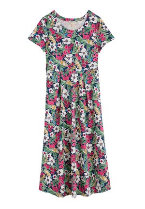 Abito con stampa floreale che presenta uno sfondo blu navy con fiori bianchi, rosa e gialli, scollatura rotonda, maniche corte e una gonna svasata.