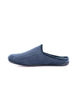 Pantofole blu navy senza lacci con un upper in tessuto testurizzato, punta arrotondata e rivestimento morbido. Suola flessibile con minima aderenza per l'uso interno.