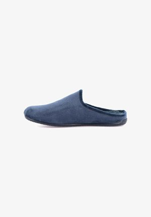 Pantofole blu navy senza lacci con un upper in tessuto testurizzato, punta arrotondata e rivestimento morbido. Suola flessibile con minima aderenza per l'uso interno.