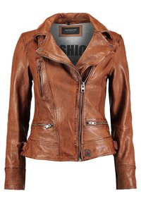 Veste de motard en cuir marron avec fermeture éclair asymétrique, trois poches zippées à l’avant et un large col.