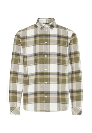 Srajca z gumbom v karirastem vzorcu, ki vsebuje zelene, bele in modre barve. Dolgi rokavi, ovratnik in sprednji del s gumbi. Mehak tkaninski zven.