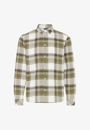 Koszula zapinana na guziki w kratę z zielonymi, białymi i niebieskimi kolorami. Długie rękawy, kołnierzyk oraz zapięcie na guziki z przodu. Miękka struktura tkaniny.