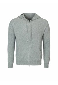 Ljusgrå zip-up hoodie med dragsko i huvan, långa ärmar, framfickor, tillverkad av ett mjukt stickat material och har en slät textur.