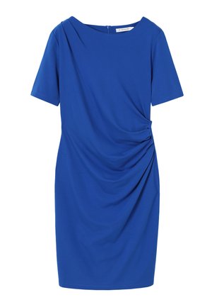 Blue short-sleeve knee-length dress with boat neckline and gathered ruched detail on the right side waist.