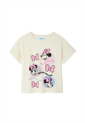 Cremefarbenes Kurzarmhemd mit mehreren Minnie-Maus-Gesichtern und rosa gepunkteten Schleifen sowie dem Text "Minnie Mouse" in pastellfarbenen Kreisen.