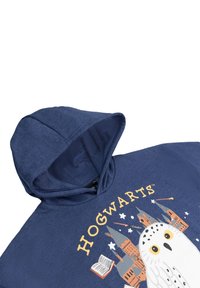 Dunkelblauer Kapuzenpullover mit einem Grafiken eines Schneeeulen, des Hogwarts Schlosses, eines Zauberstabs und eines Buches. Weicher Stoff mit einer regulierbaren Kapuze.