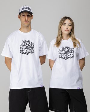 White cotton t-shirts with black graphic prints stating "JACKER," paired with black shorts. Male and female models. Cap features the same text.