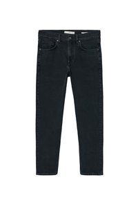 Jean slim noir avec cinq poches et fermeture par boutons, présenté à plat sur fond blanc.