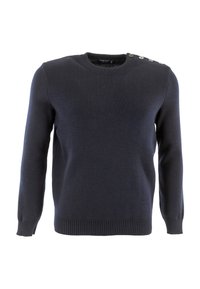 Maglione lavorato a maglia blu navy con scollo tondo e maniche lunghe. Presenta quattro bottoni decorativi sulla spalla sinistra.