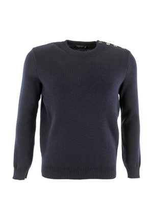 Suéter de punto azul marino con cuello redondo y mangas largas. Presenta cuatro botones decorativos en el hombro izquierdo.