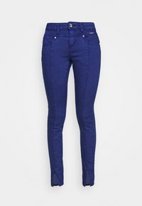 Smala jeans i mörkblå denim med en slät yta, med knappstängning fram och sprunddetaljer i fållen.