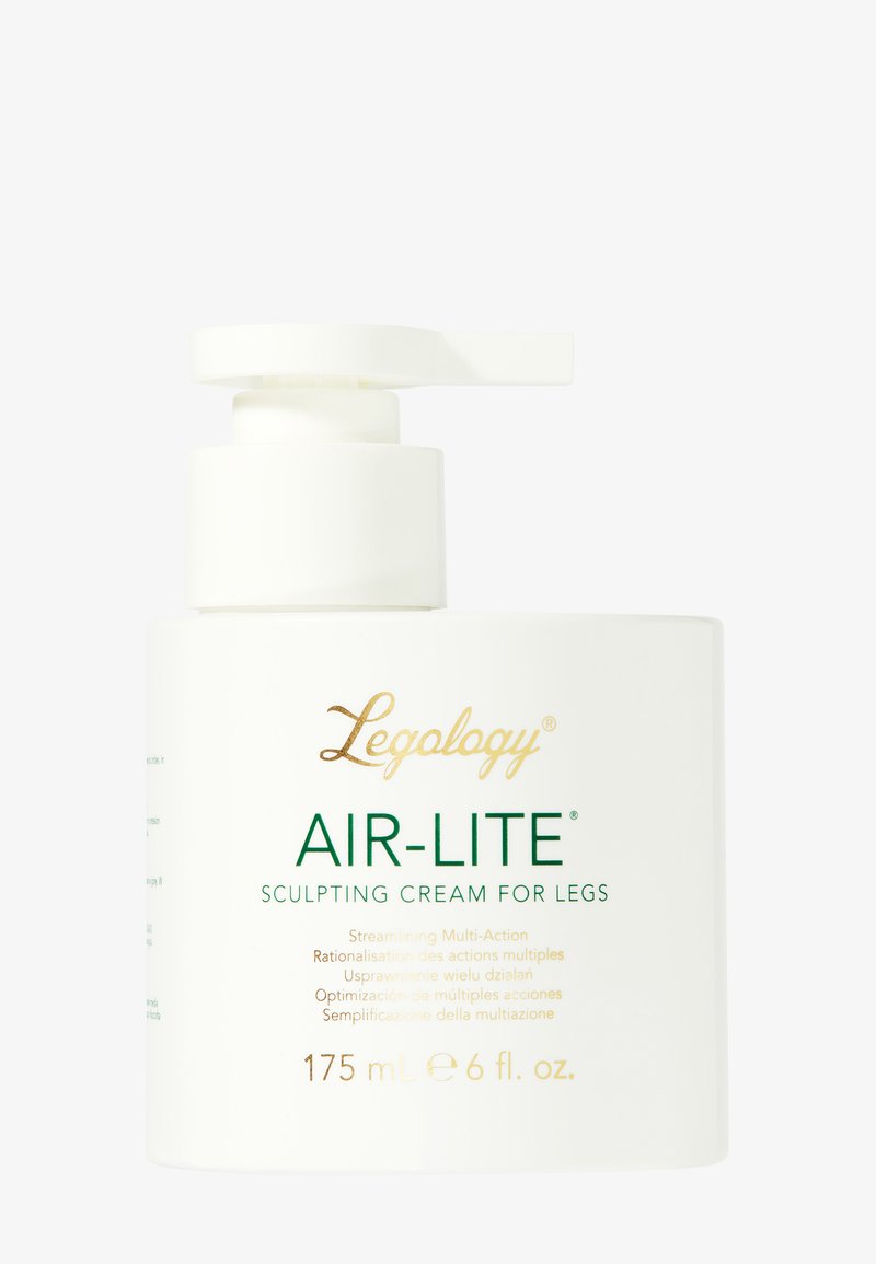 Biała butelka z pompką z etykietą Legology Air-Lite krem modelujący na nogi, 175 ml, ze złotym i zielonym tekstem na jednolitym białym tle.