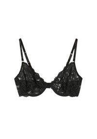Svart spetsbehå med genomskinliga kupor, blommönster, bygelstöd och justerbara satinband. Mittenhakfäste och vågiga kanter.