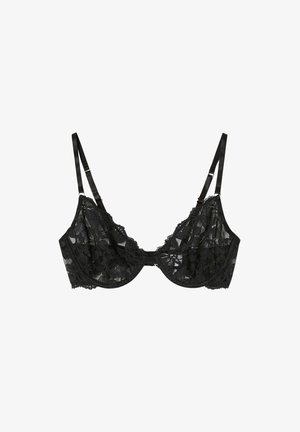 Svart spetsbehå med genomskinliga kupor, blommönster, bygelstöd och justerbara satinband. Mittenhakfäste och vågiga kanter.