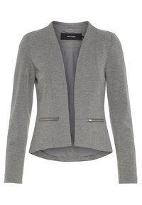 Grå blazer med en skræddersyet design, der har en læbe krave, to lynlåslommer og en sømløs front. Lavet af et struktureret stof.