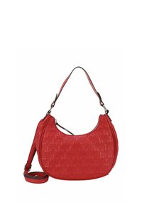 Borsa a tracolla rossa trapuntata con forma curvata, tracolla regolabile, motivo di cucitura evidente e accessori in tonalità argento.