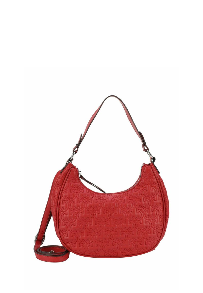Borsa a tracolla rossa trapuntata con forma curvata, tracolla regolabile, motivo di cucitura evidente e accessori in tonalità argento.