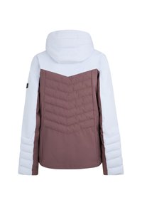 Women's jacket with a white top section and a brown bottom. Features padded texture and a hood. Chevron pattern on the back for design.