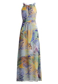 Robe longue sans manches avec col froncé et motif abstrait de feuilles colorées en tons jaune, bleu, vert et violet.