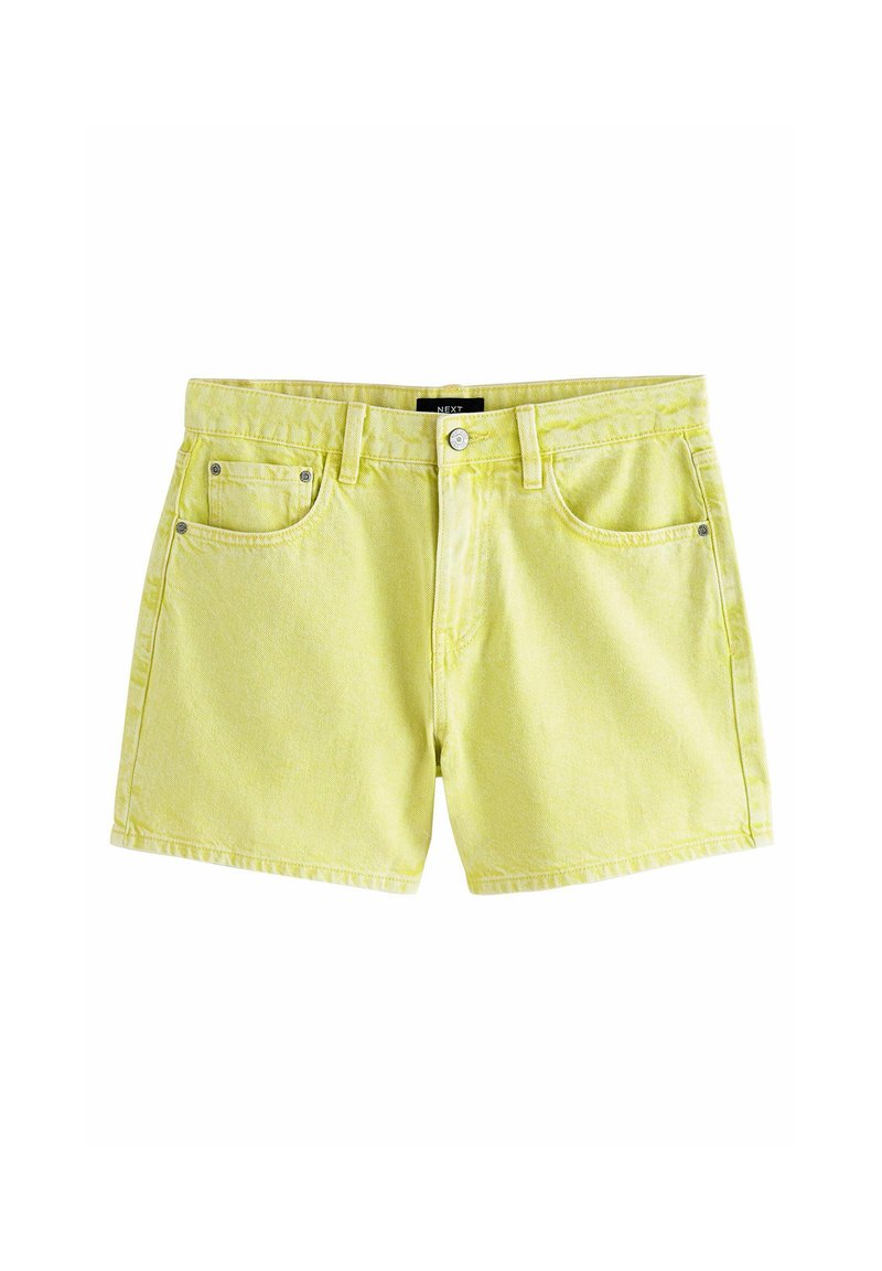 Shorts in denim giallo con vita media, design a cinque tasche, chiusura con bottone frontale e leggera abrasionatura su tutta la superficie.