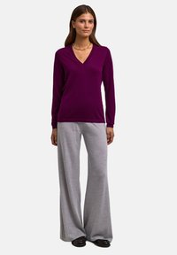 Lila V-Ausschnitt Langarmshirt kombiniert mit hellgrauen weit geschnittenen Hosen, die eine weiche Textur und eine lockere Passform bieten. Schwarze Schuhe vervollständigen das Outfit.