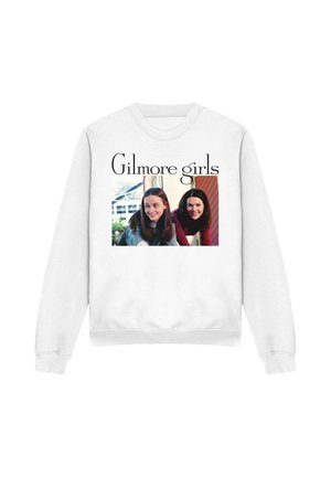 White sweatshirt with "Gilmore girls" text above a photo of two smiling women leaning forward outdoors.