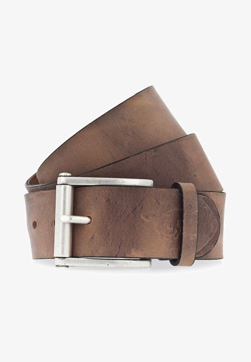 Brown leather belt with a textured finish, featuring a silver metal buckle and a smooth loop, displaying a classic design.