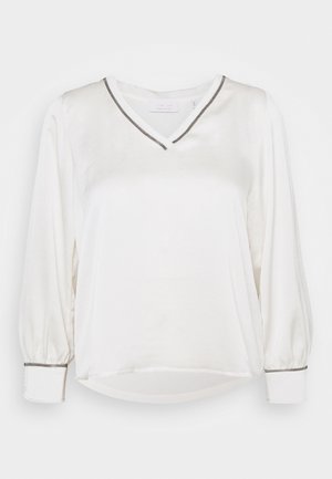 Weißes Bluse mit V-Ausschnitt, langen puffärmel und einem subtilen grauen Saum entlang des Ausschnitts und der Manschetten. Hergestellt aus glattem Stoff.