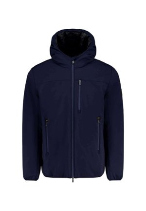 Giacca blu navy con cappuccio, dotata di tasche con zip e una superficie liscia. Progettata con una zip frontale e polsi elasticizzati.