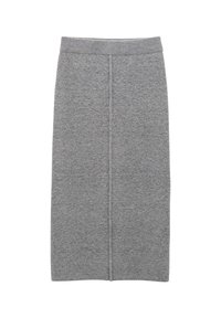 Jupe droite en maille grise longueur genou avec taille haute et détail de couture verticale centrale.