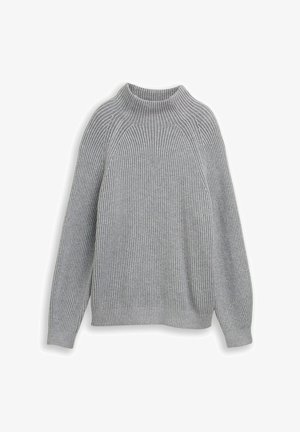 Halli hallidega hall ribitud sviiter kõrge kaelusega, raglanvarrukatega ja lõdva lõikega. Tekstuur on pehme ja õrnalt veniv.