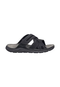 Sandales pour hommes noires avec des brides croisées, en cuir et en tissu. Présentent une semelle intérieure rembourrée et une semelle extérieure en caoutchouc texturé.
