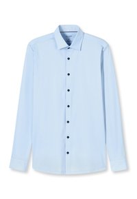 Camicia da uomo azzurro chiaro a maniche lunghe con bottoni neri e colletto classico, mostrata distesa su sfondo bianco.