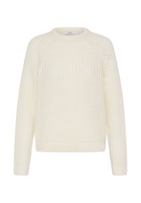 Cremfarbener Strickpullover mit strukturierter Musterung, rundem Ausschnitt und gerippten Säumen an den Ärmeln und am Saum. Mit langen Raglanärmeln.
