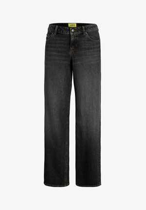 Jeans denim neri a gamba dritta con bottone e cerniera frontali, passanti per cintura e classico design a cinque tasche.