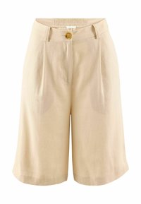 Beige linned culotte shorts med en glat tekstur, der har en plisseret front, en enkelt brun knaplukning og en rynket elastisk talje.