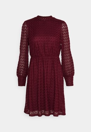 Robe en dentelle bordeaux avec manches longues en tulle, col montant, taille cintrée et jupe évasée longueur genou.