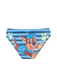 Niebieskie kąpielówki z poziomymi paskami, z rysunkowym psem w mundurze policyjnym oraz żółtymi łapkami po bokach.