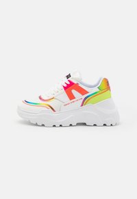 Multicolor sneakers with a chunky white sole. Features include fabric panels in white, pink, and rainbow accents, and contrasting stitching details.