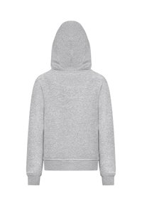 Sivá mikina s klokankou, rebrovanými manžetami a spodným lemom. Hladký, jemný materiál s voľným strihom a nastaviteľnou kapucňou na šnúrku.