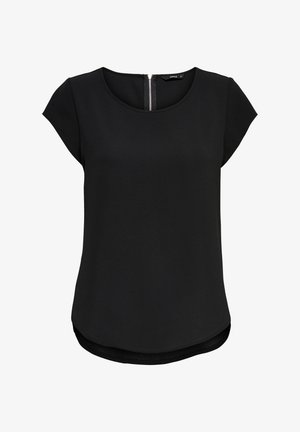 Črn kratkouhih brezrokavnik z zaobljenim izrezom in zadrgo na hrbtni strani. Gladka tekstura in ukrivljen rob na dnu.