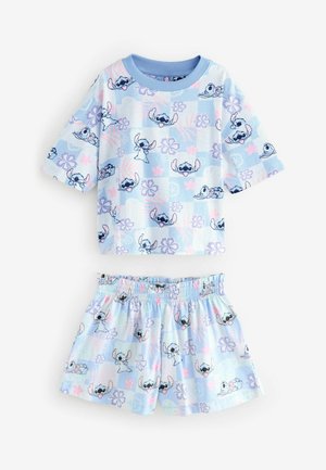 Lichtblauwe pyjama set bestaande uit een top met korte mouwen en shorts met elastische taille, versierd met cartoonfiguren en bloemenpatronen in pastelkleuren.