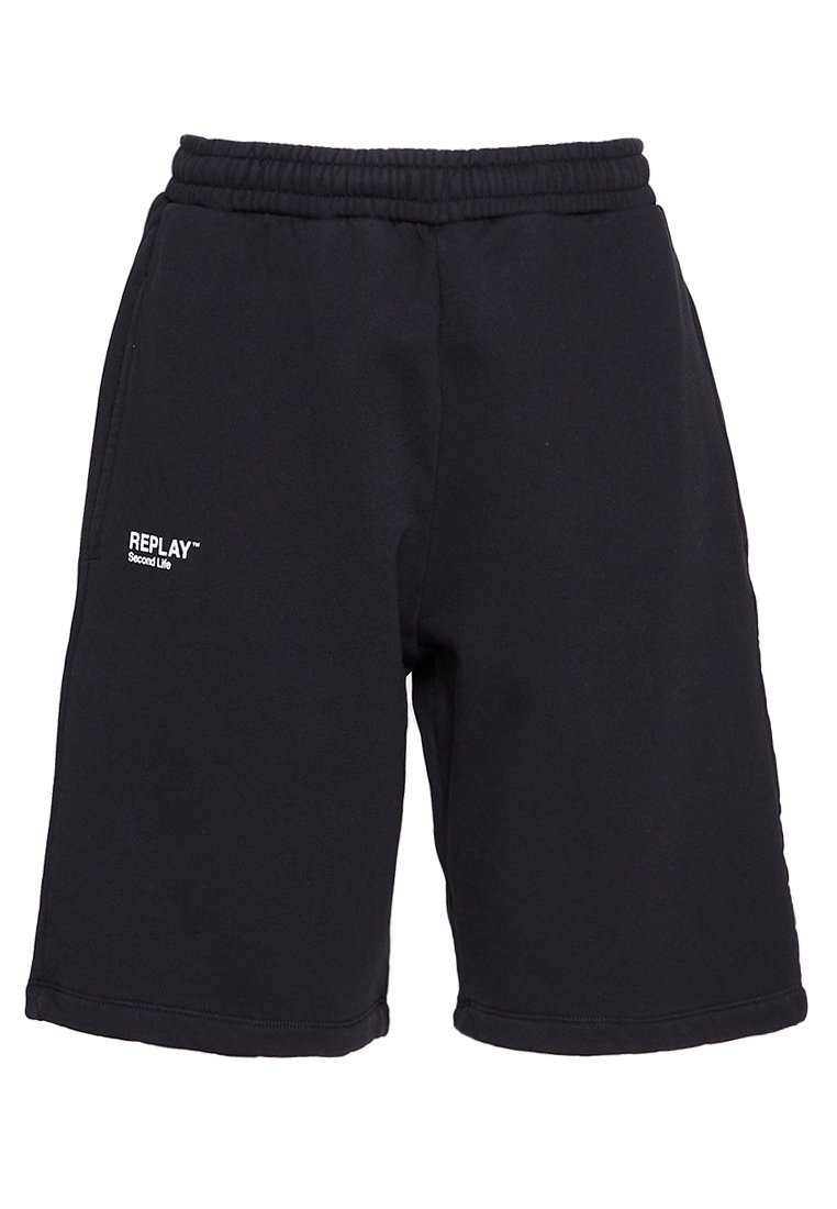 Shorts décontractés noirs avec taille élastique, deux poches latérales et logo blanc "REPLAY Second Life" sur la cuisse gauche.
