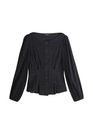 Blouse noire texturée à manches longues avec boutons sur le devant, taille légèrement évasée et poignets élastiques.