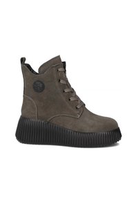 Oliwkowe zamszowe botki za kostkę z prążkowaną czarną podeszwą na platformie, z sznurówkami z przodu i akcentem logo po boku.