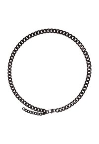 Schwarzer Metallkettengürtel mit ineinandergreifenden flachen Gliedern und einem Verschluss. Elegantes Design mit einer glatten Textur und einem einheitlichen Finish.
