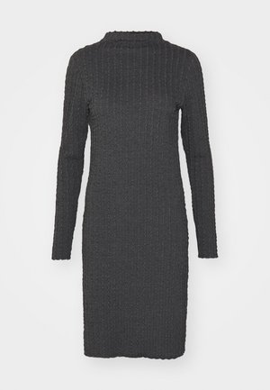 Knitted dark gray dress with a ribbed texture, high neckline, and long sleeves. Fitted shape, knee-length, with a subtle pattern.